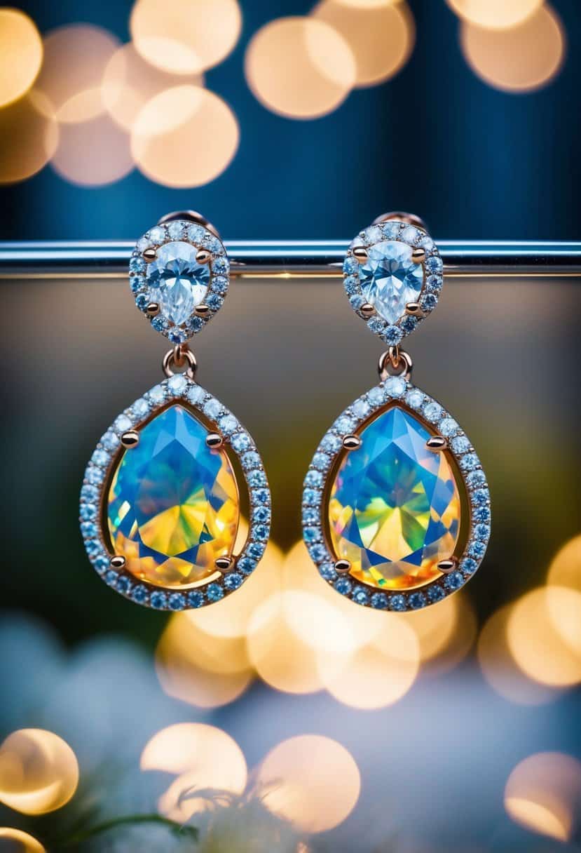 A pair of fiery opal and sparkling diamond dangle earrings, catching the light at a glamorous wedding celebration