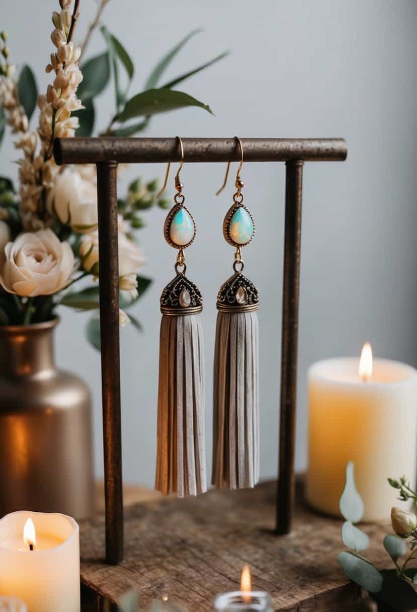 A pair of Bohemian Opal Tassel Earrings hanging on a rustic wooden display, surrounded by delicate floral arrangements and soft candlelight