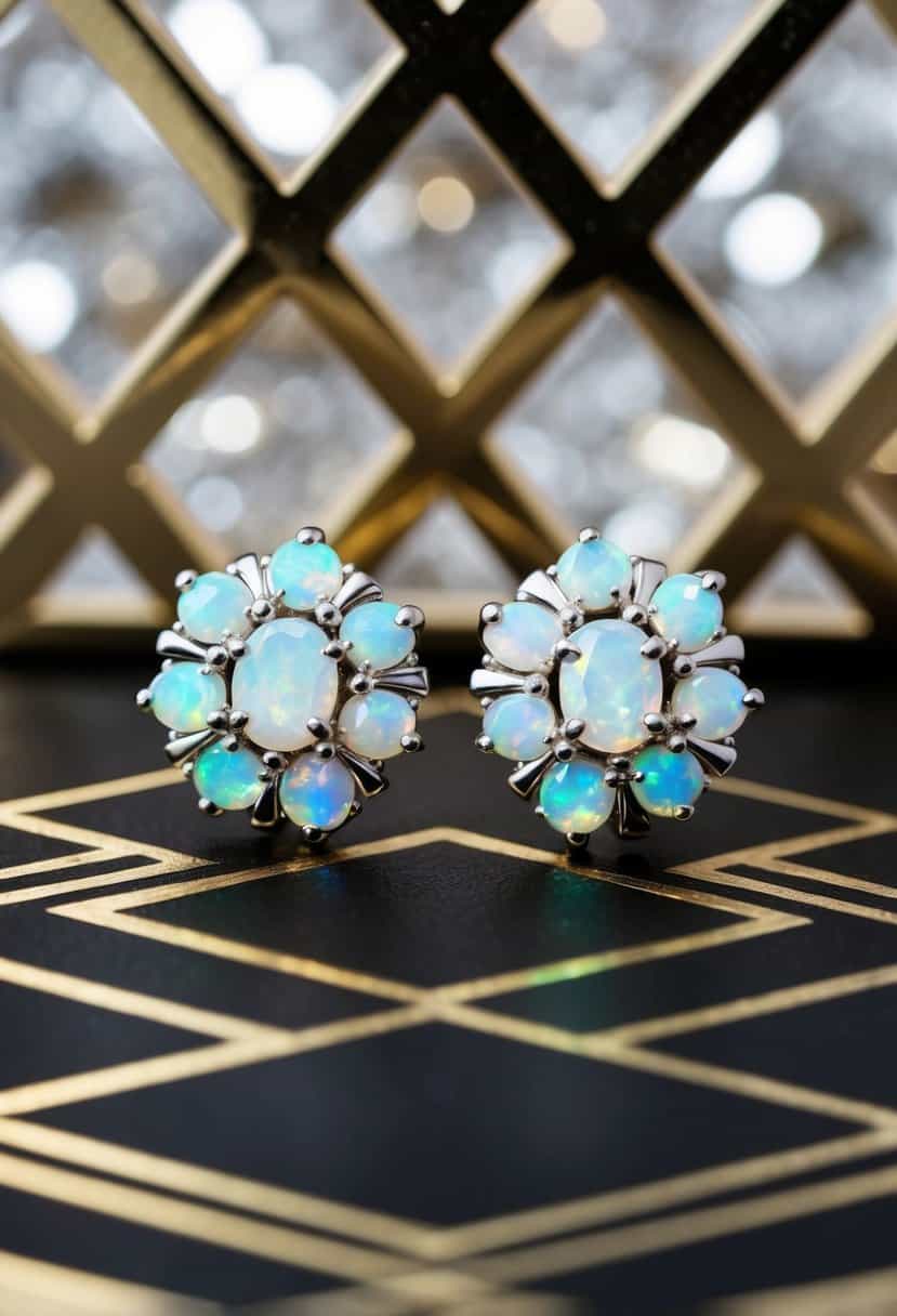 A pair of opal cluster studs, inspired by Art Deco design, glimmering against a backdrop of geometric patterns and metallic accents