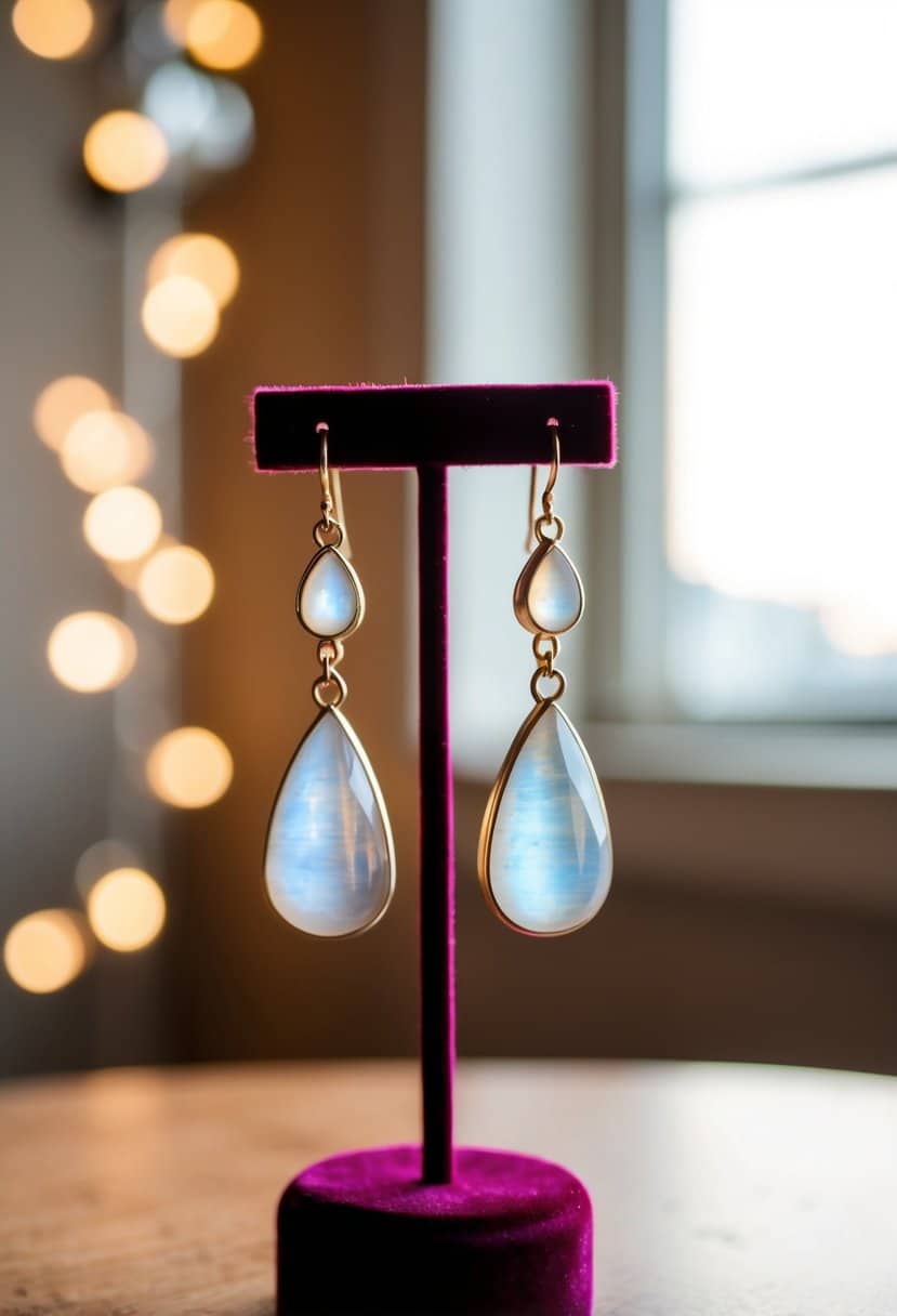 Moonstone and opal teardrop earrings displayed on a velvet jewelry stand, illuminated by soft, warm light