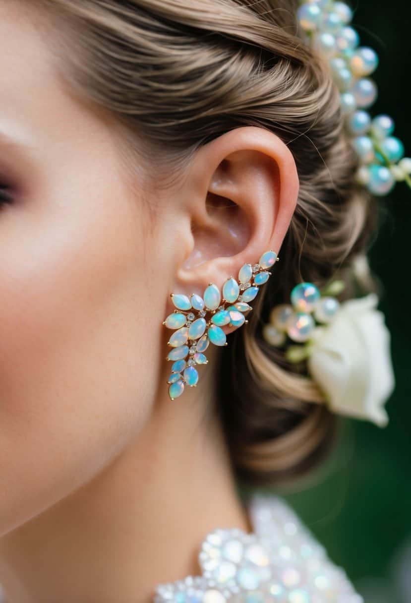 Glistening opal ear climbers delicately hug a bride's ear, catching the light with their iridescent beauty