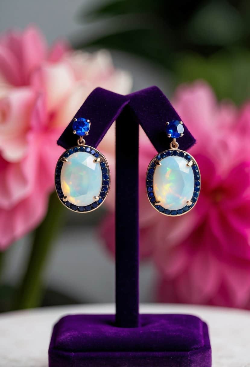 Two oval opal and sapphire earrings displayed on a velvet jewelry stand