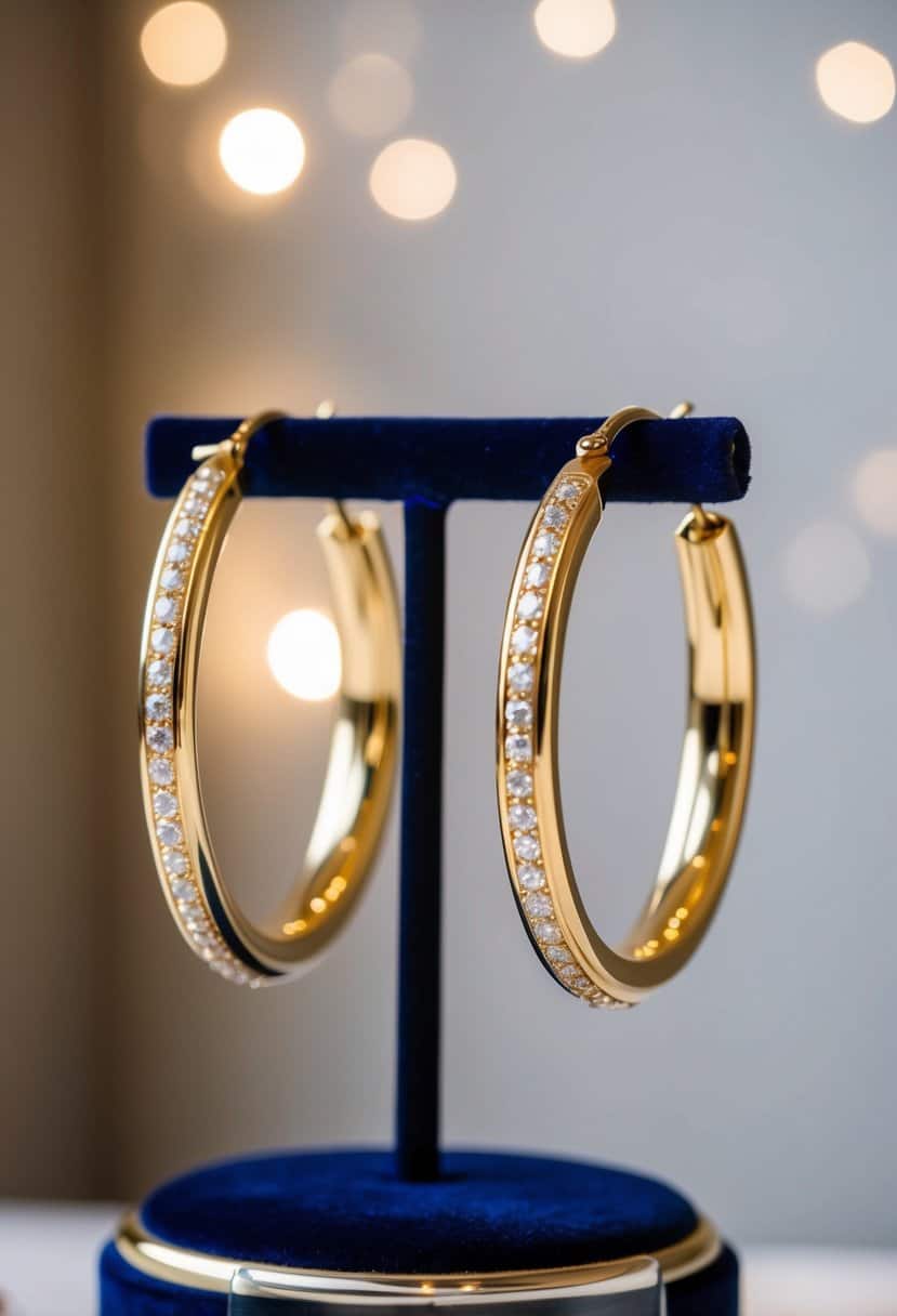 A pair of classic gold hoop earrings displayed on a velvet cushion with soft lighting