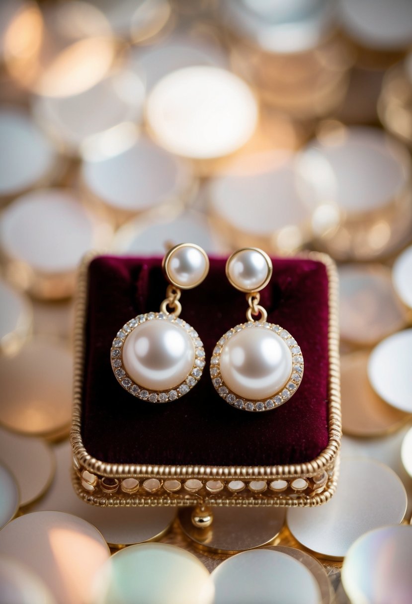 A pair of pearl-encrusted gold drop earrings on a velvet cushion