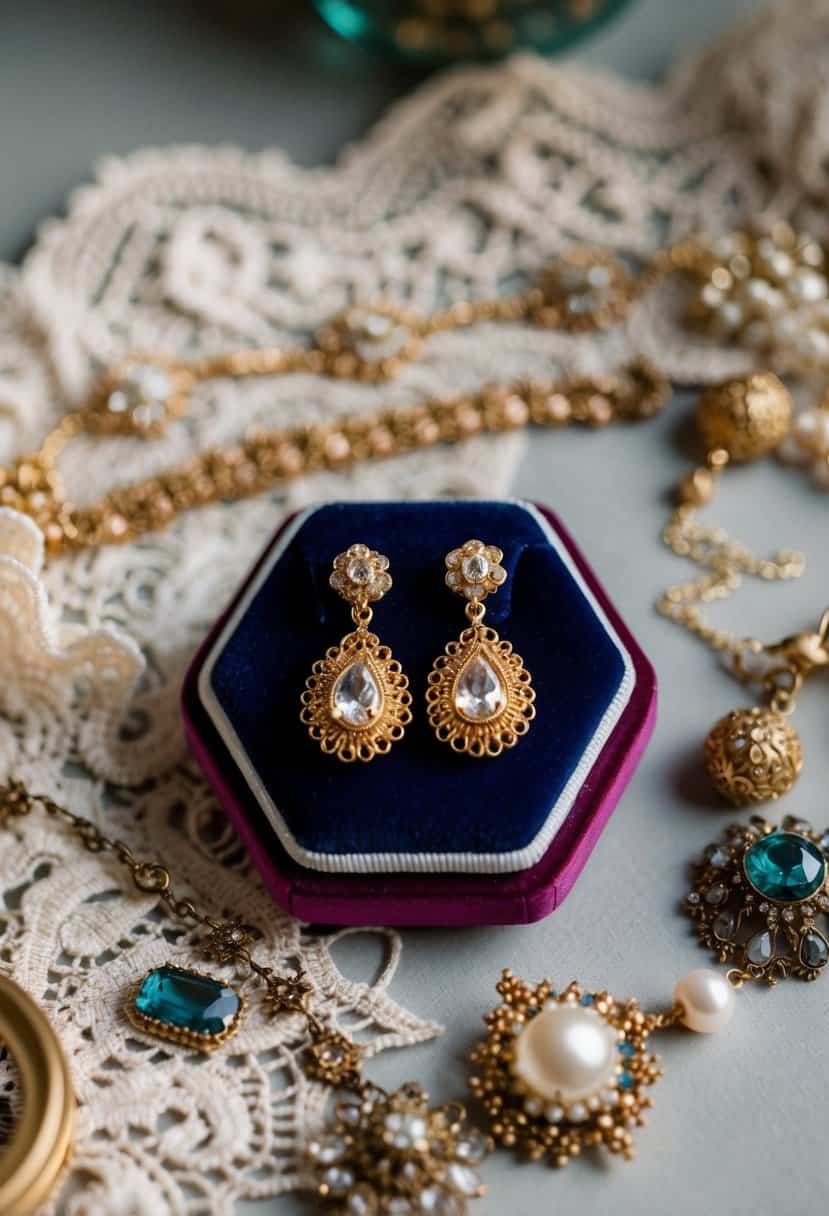 A vintage-inspired gold earring displayed on a velvet cushion, surrounded by delicate lace and antique jewelry