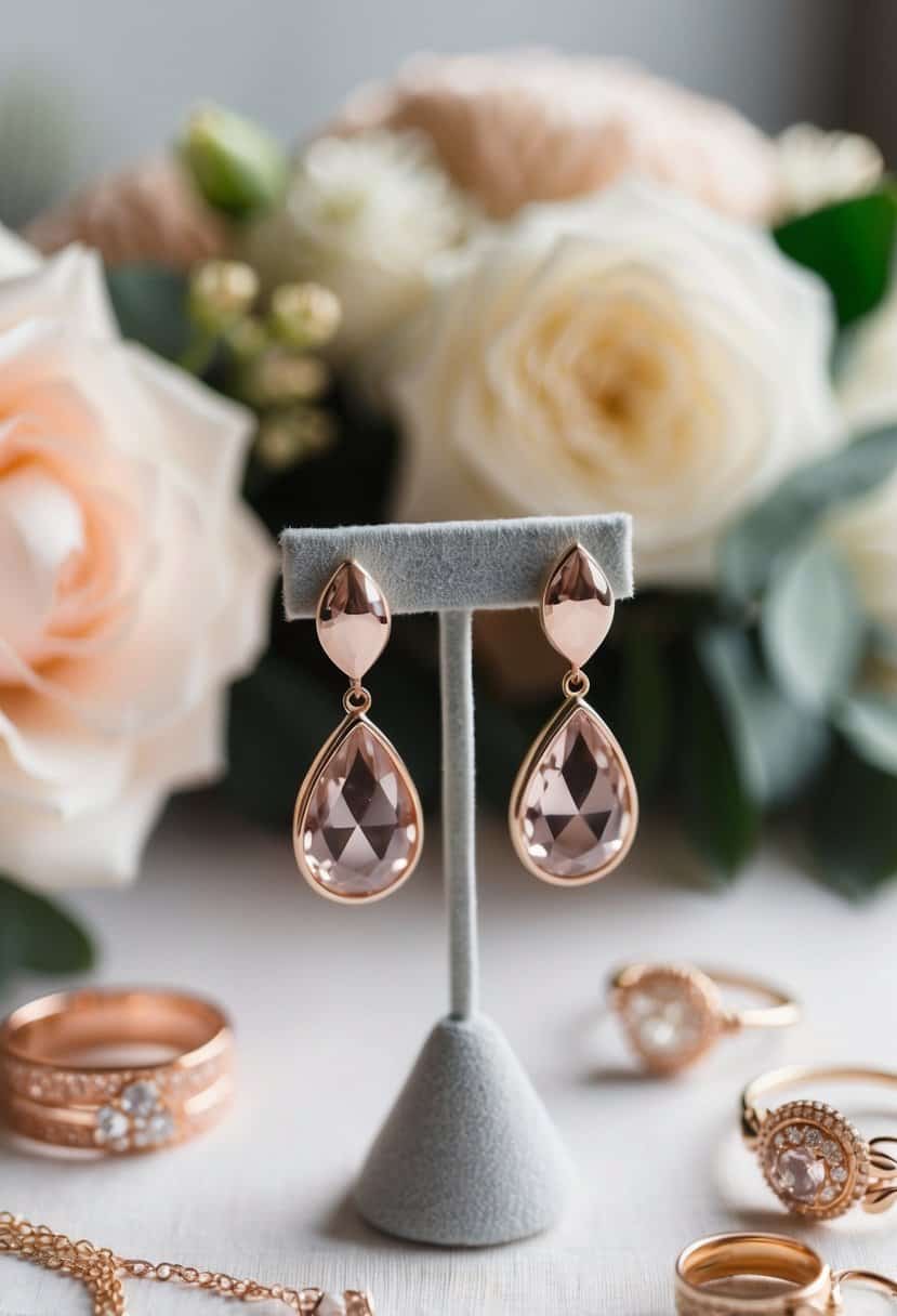 A pair of rose gold teardrop earrings displayed on a velvet jewelry stand, surrounded by delicate gold wedding accessories