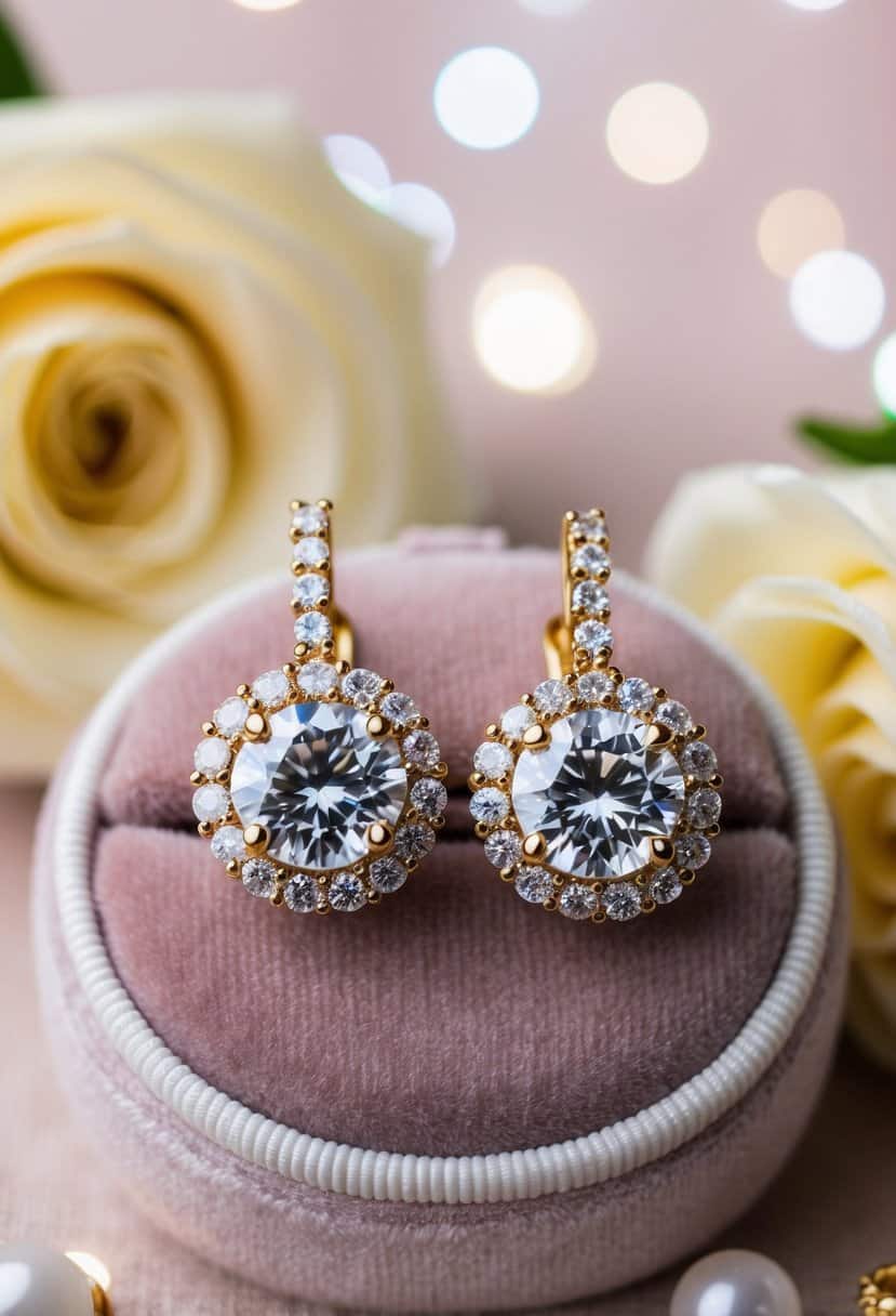 A pair of diamond halo gold earrings displayed on a velvet cushion against a soft, romantic background