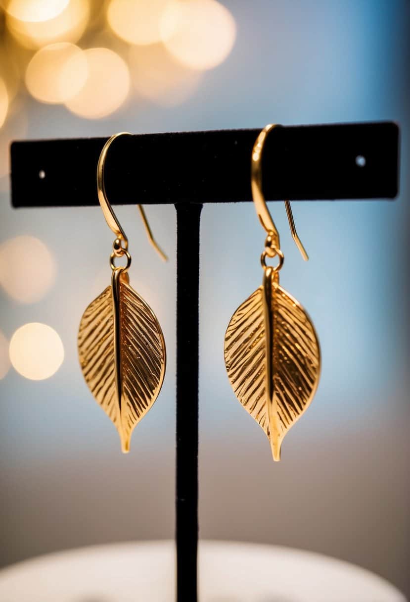 A pair of delicate gold leaf dangle earrings hanging from a display stand, catching the light and casting a shimmering glow