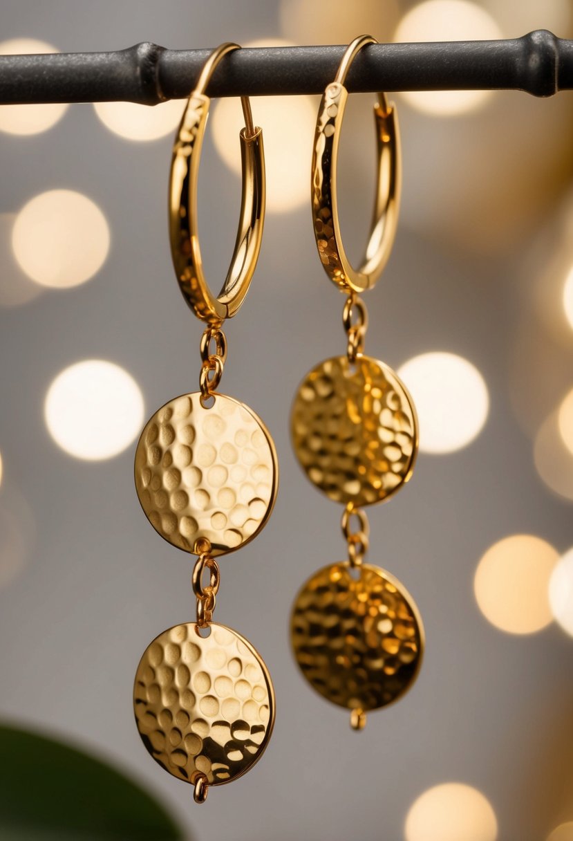 Golden disks dangle from hammered gold hoops, catching the light in a luxurious display of elegance and glamour