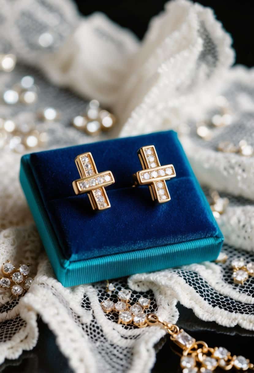 Two gold bar earrings displayed on a velvet cushion, surrounded by sparkling gemstones and delicate lace