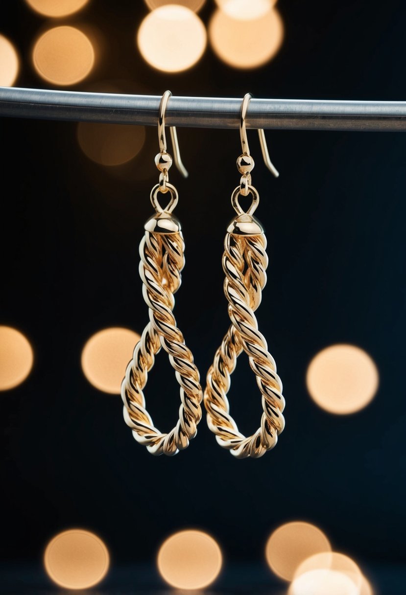 A pair of twisted gold rope earrings suspended against a dark background, catching the light and casting a warm, luxurious glow