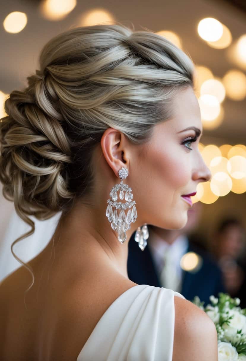 A woman's elegant updo, adorned with crystal chandelier earrings, sparkles under the soft glow of wedding lights