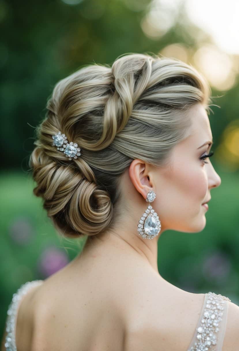 A vintage-inspired updo with rhinestone drop earrings