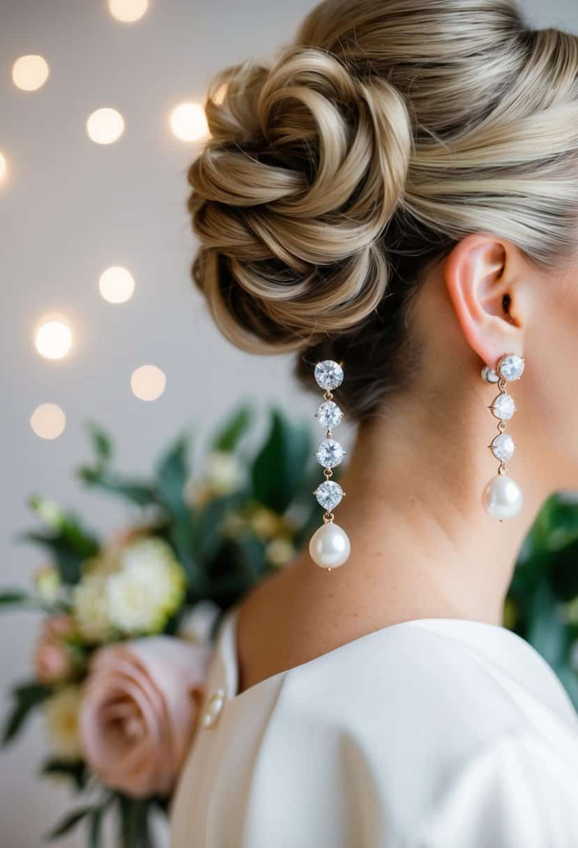 A pair of pearl and crystal bridal studs dangle from an elegant updo, catching the light and adding a touch of glamour to the wedding ensemble