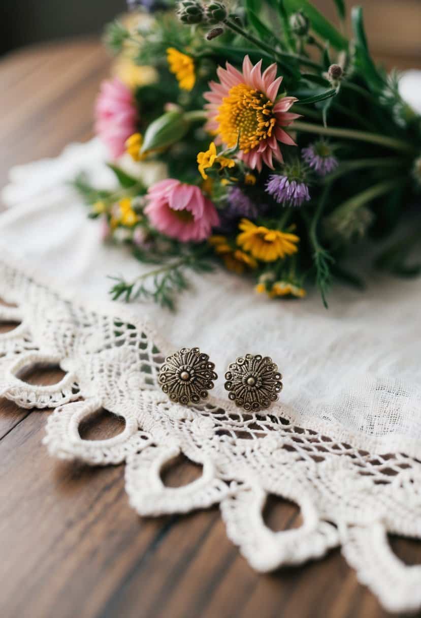 A table with a bouquet of wildflowers and a pair of intricate stud earrings placed on a delicate lace cloth