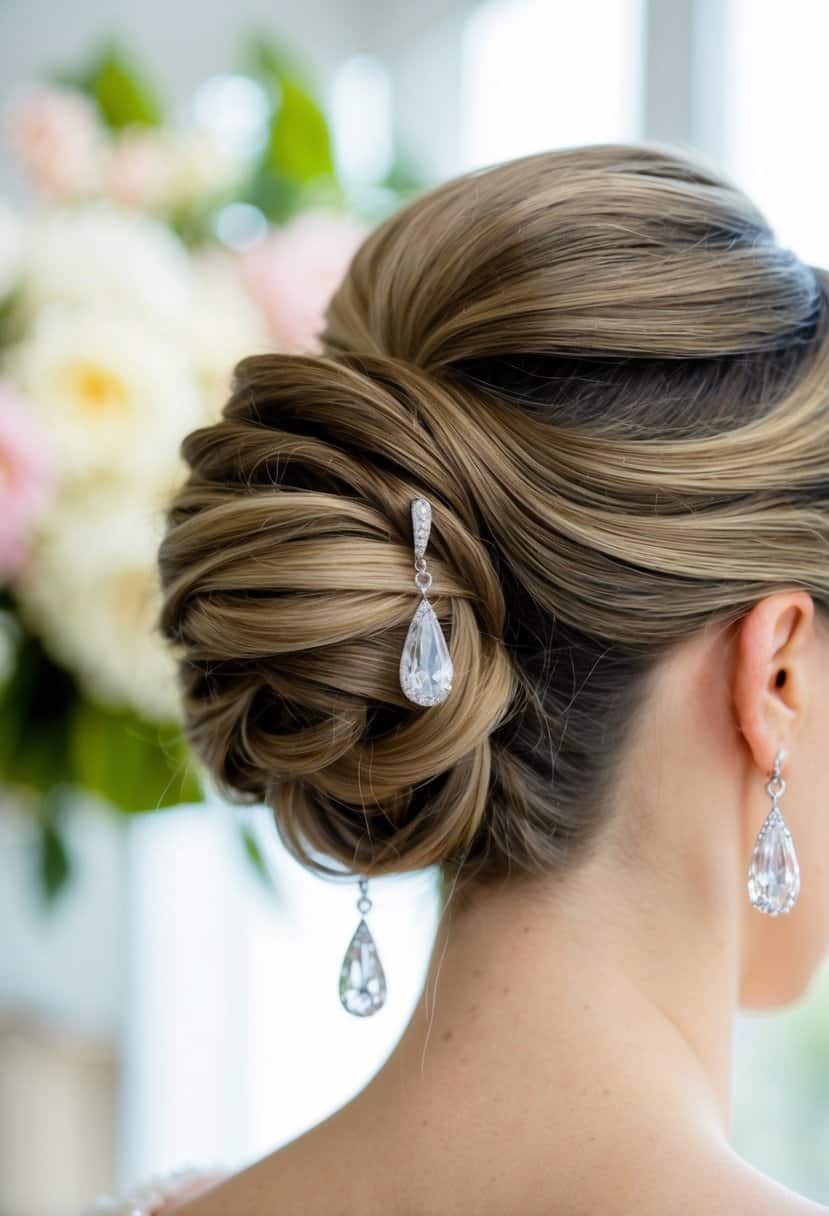 A pair of tear drop earrings hanging from an elegant updo hairstyle, perfect for a wedding