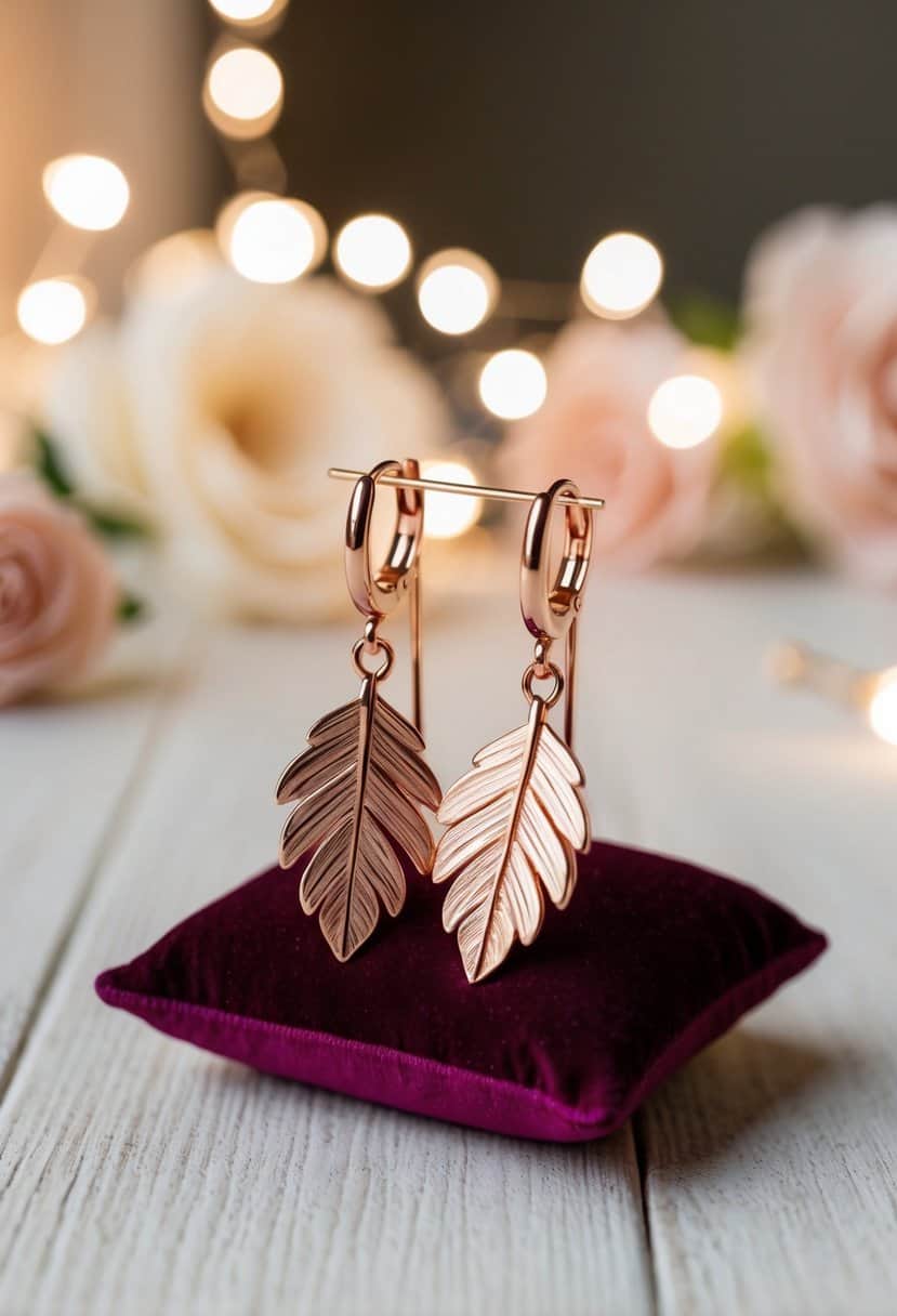 A pair of rose gold leaf dangle earrings placed on a velvet cushion, with soft lighting creating a romantic and elegant atmosphere