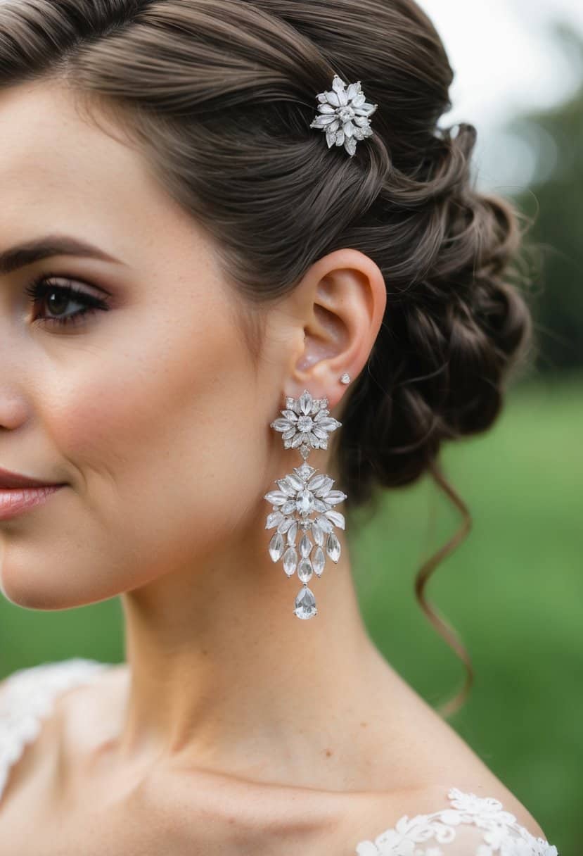 A woman's ear adorned with Art Deco crystal earrings, styled in an elegant updo for a wedding