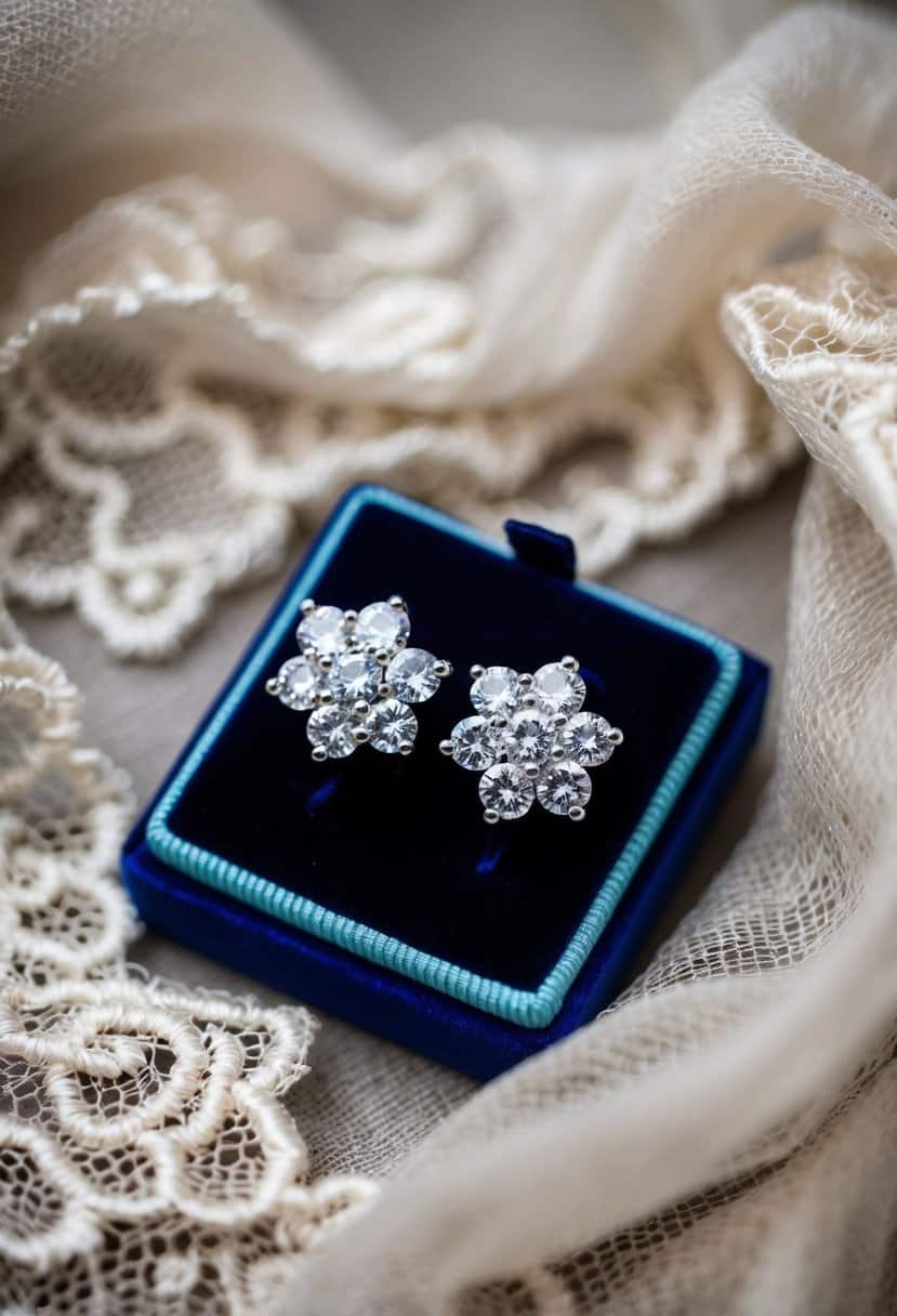 A pair of cubic zirconia cluster earrings displayed on a velvet cushion, surrounded by delicate lace and silk fabric