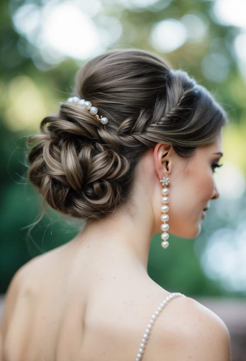 A pair of freshwater pearl climber earrings delicately adorning an elegant updo hairstyle, perfect for a wedding ensemble