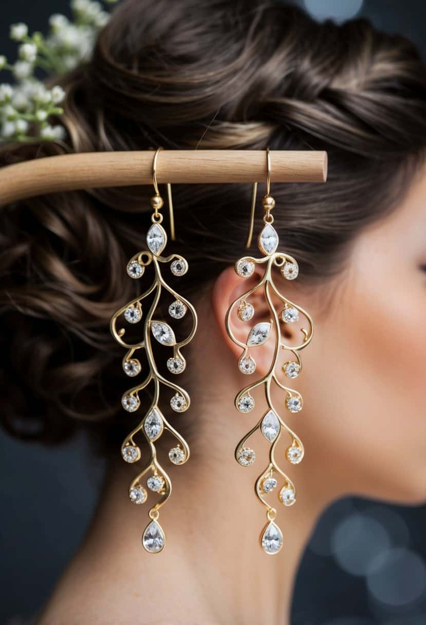 A pair of intricate gold vine bridal earrings dangle elegantly against a backdrop of a sophisticated updo hairstyle