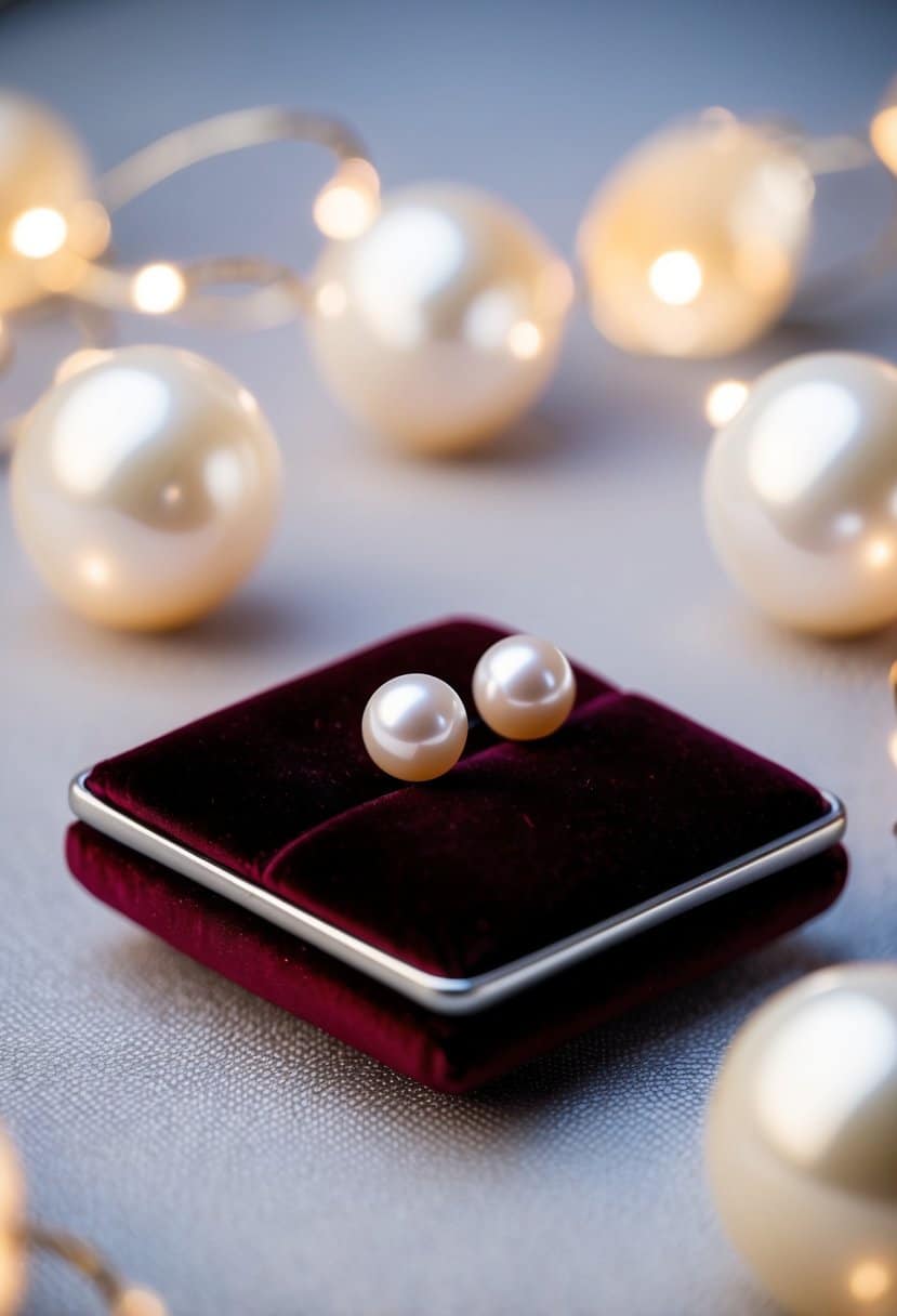 A pair of elegant pearl studs resting on a velvet cushion, surrounded by soft, romantic lighting