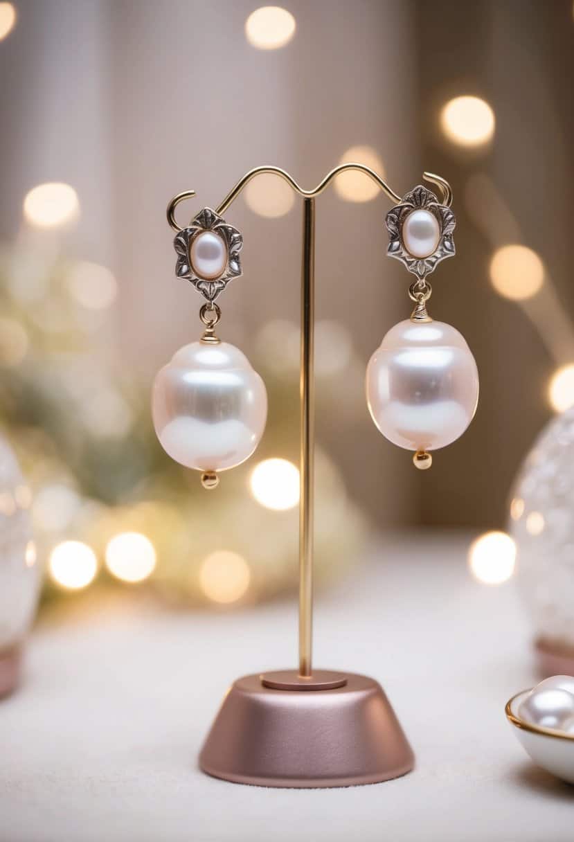 A pair of baroque pearl dangle earrings hanging from a delicate display stand, surrounded by soft, romantic lighting