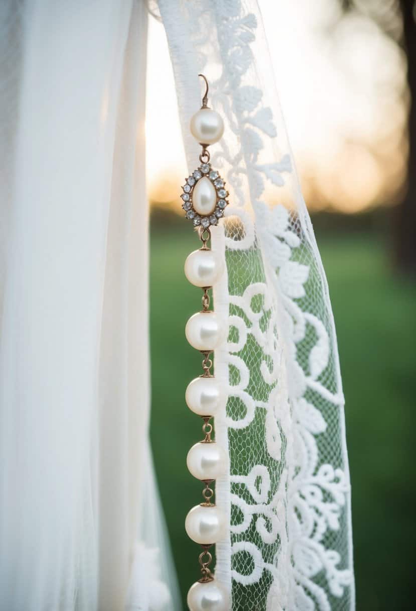 A vintage pearl climber earring delicately adorns a white lace wedding veil, with soft light casting a gentle glow on the pearls