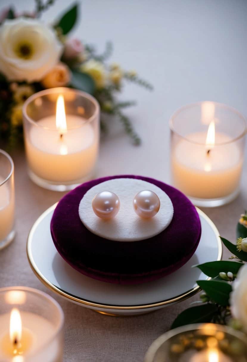 A delicate pair of South Sea pearl earrings displayed on a velvet cushion, surrounded by soft candlelight and floral arrangements