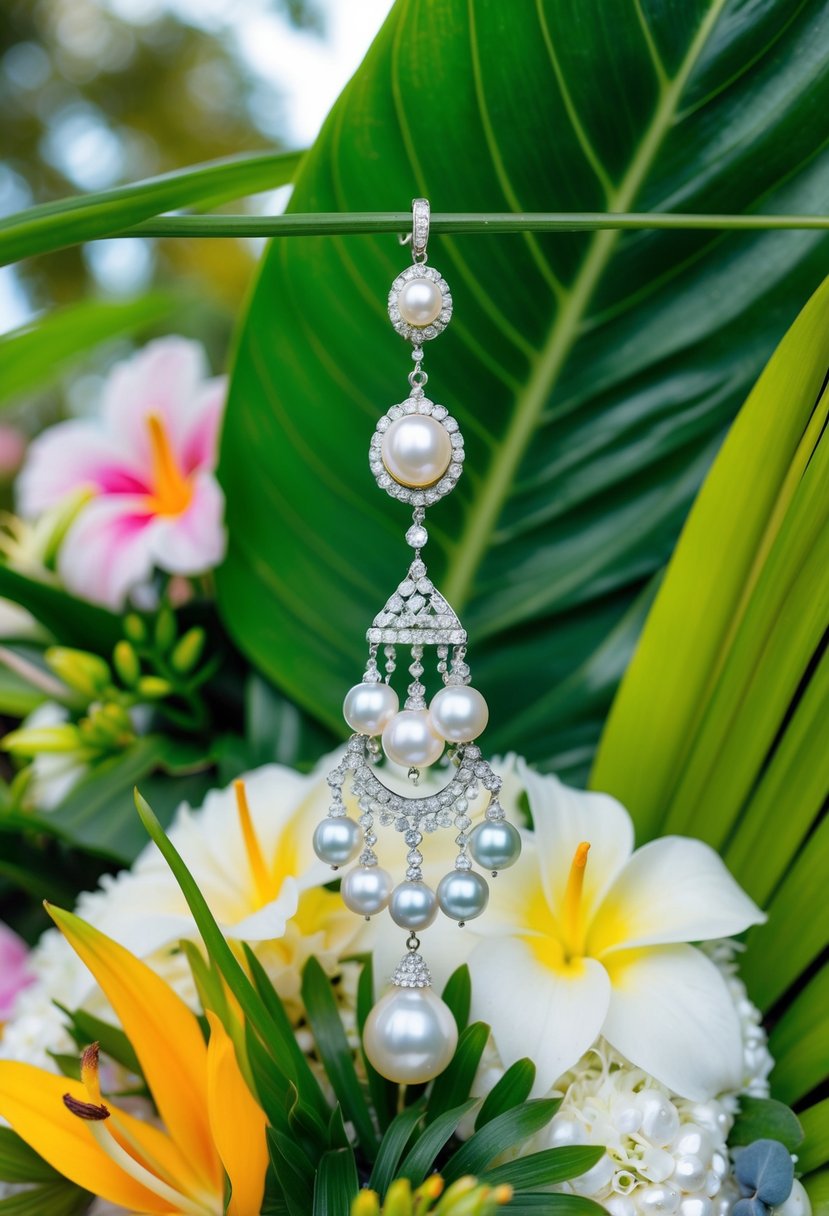 A luxurious Tahitian Pearl Chandelier earring dangles from a pearl-encrusted wedding bouquet, surrounded by tropical flowers and lush greenery