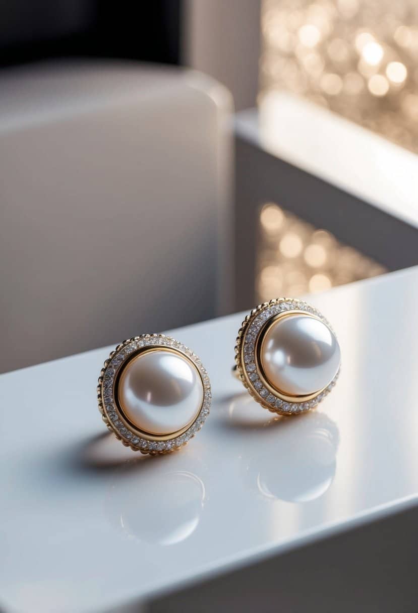 A close-up of modern pearl ear cuffs displayed on a sleek, white surface with soft, natural lighting