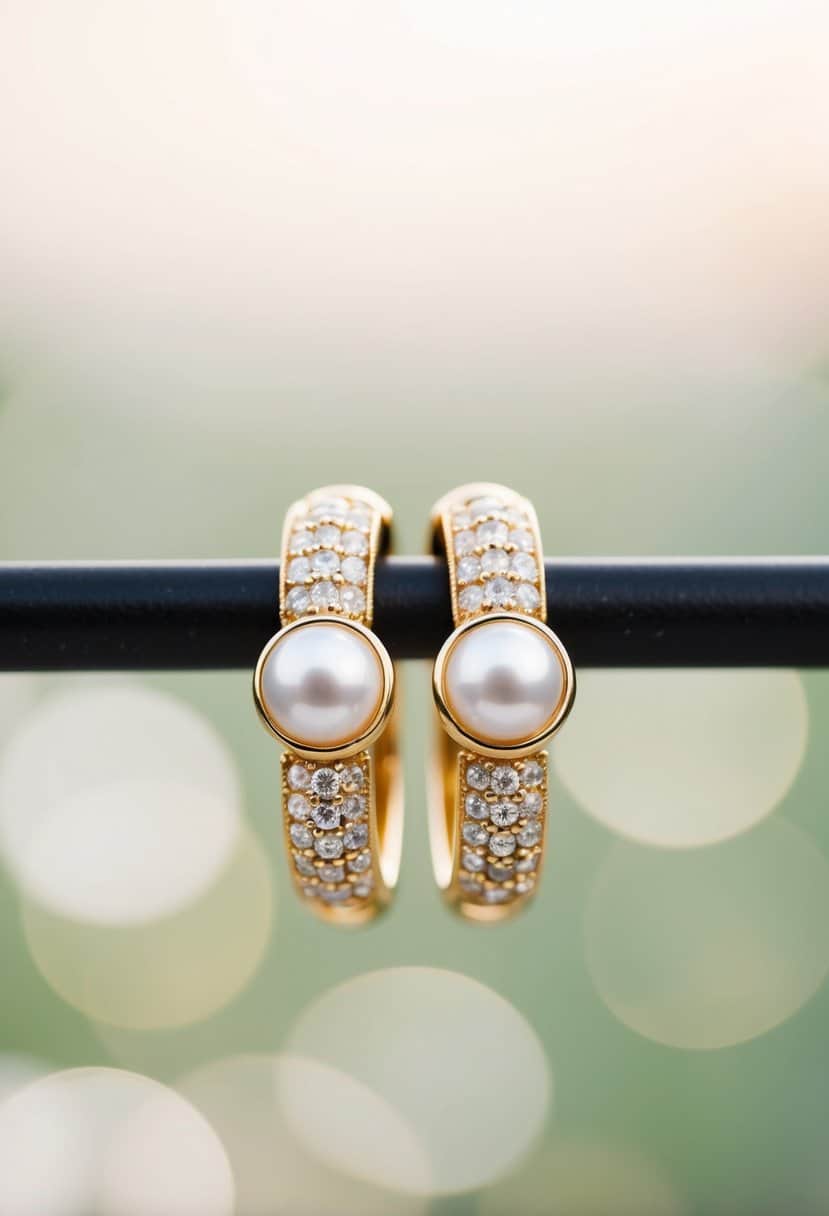 A close-up of gold-accented pearl huggie earrings against a soft, dreamy background