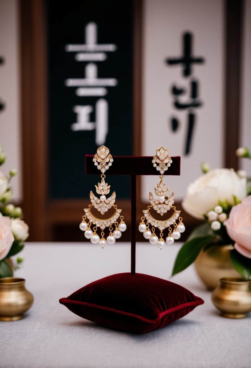 Dangling han earrings displayed on a velvet cushion with Korean wedding motifs in the background