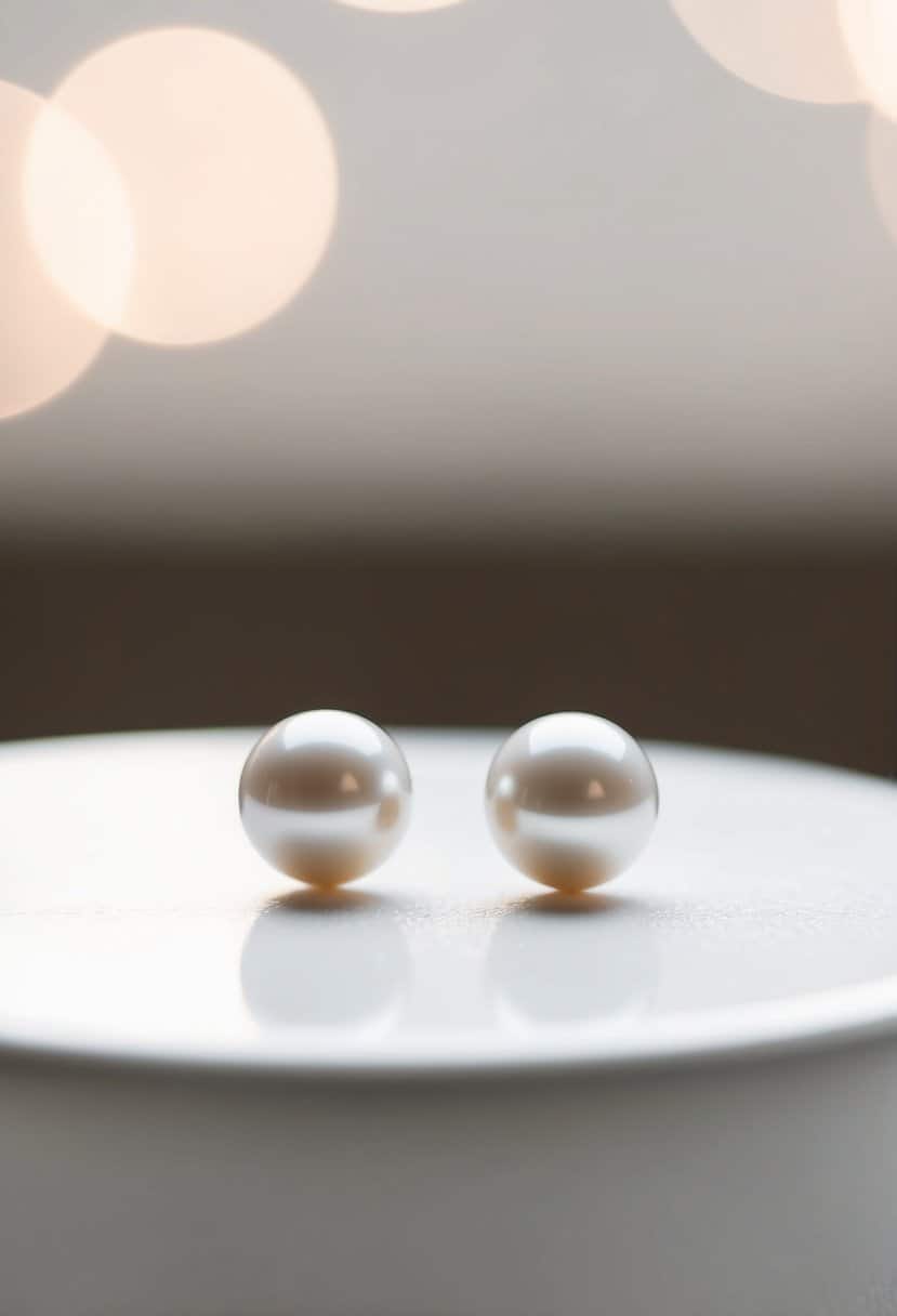 Two simple pearl studs on a clean, white surface with soft, natural lighting