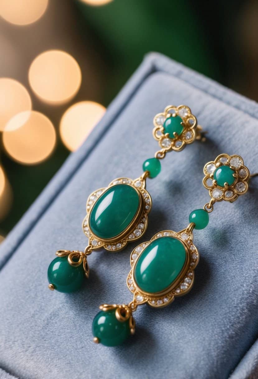 A close-up of vintage drop earrings with jade, inspired by Korean wedding traditions, displayed on a velvet background with soft lighting