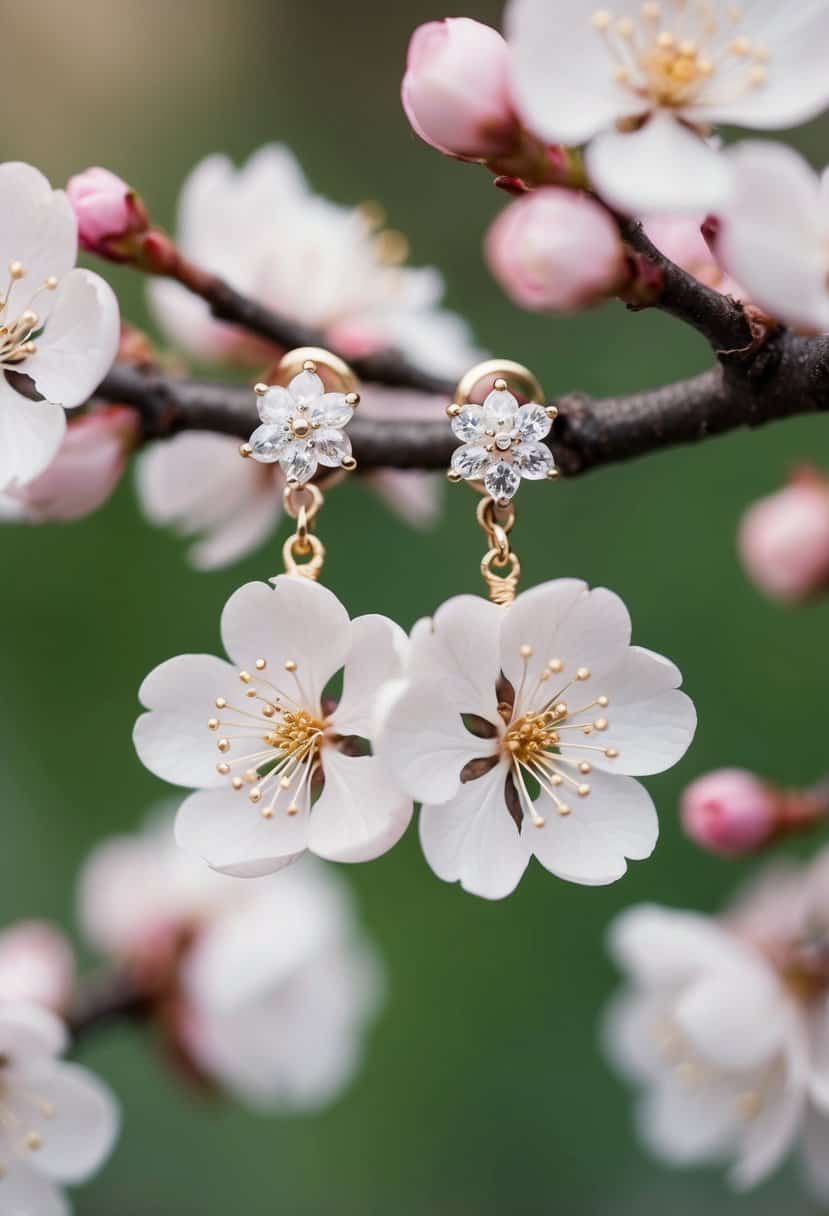 A pair of delicate cherry blossom-inspired earrings, with intricate details and a touch of Korean wedding elegance