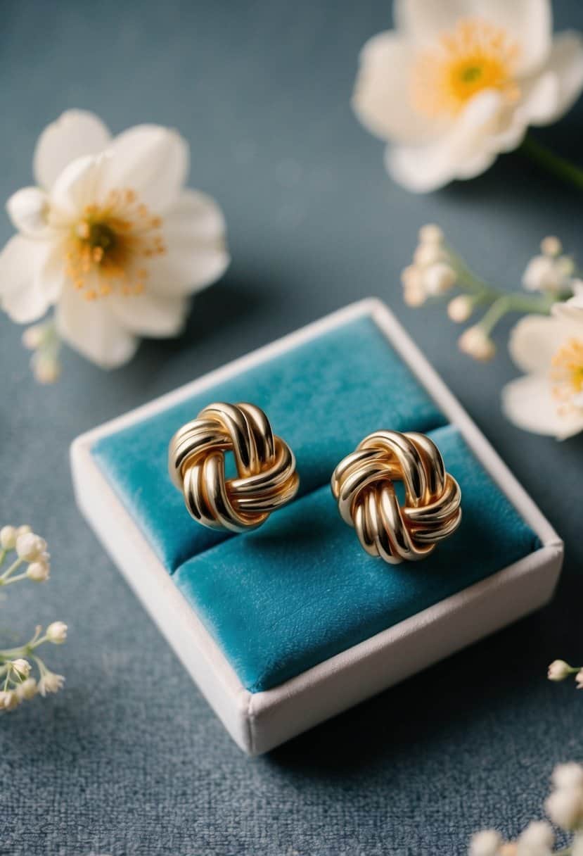 Two elegant gold knot studs displayed on a velvet cushion, surrounded by delicate floral motifs