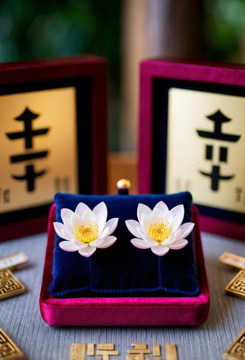 Two delicate lotus earrings displayed on a velvet cushion, surrounded by traditional Korean wedding symbols