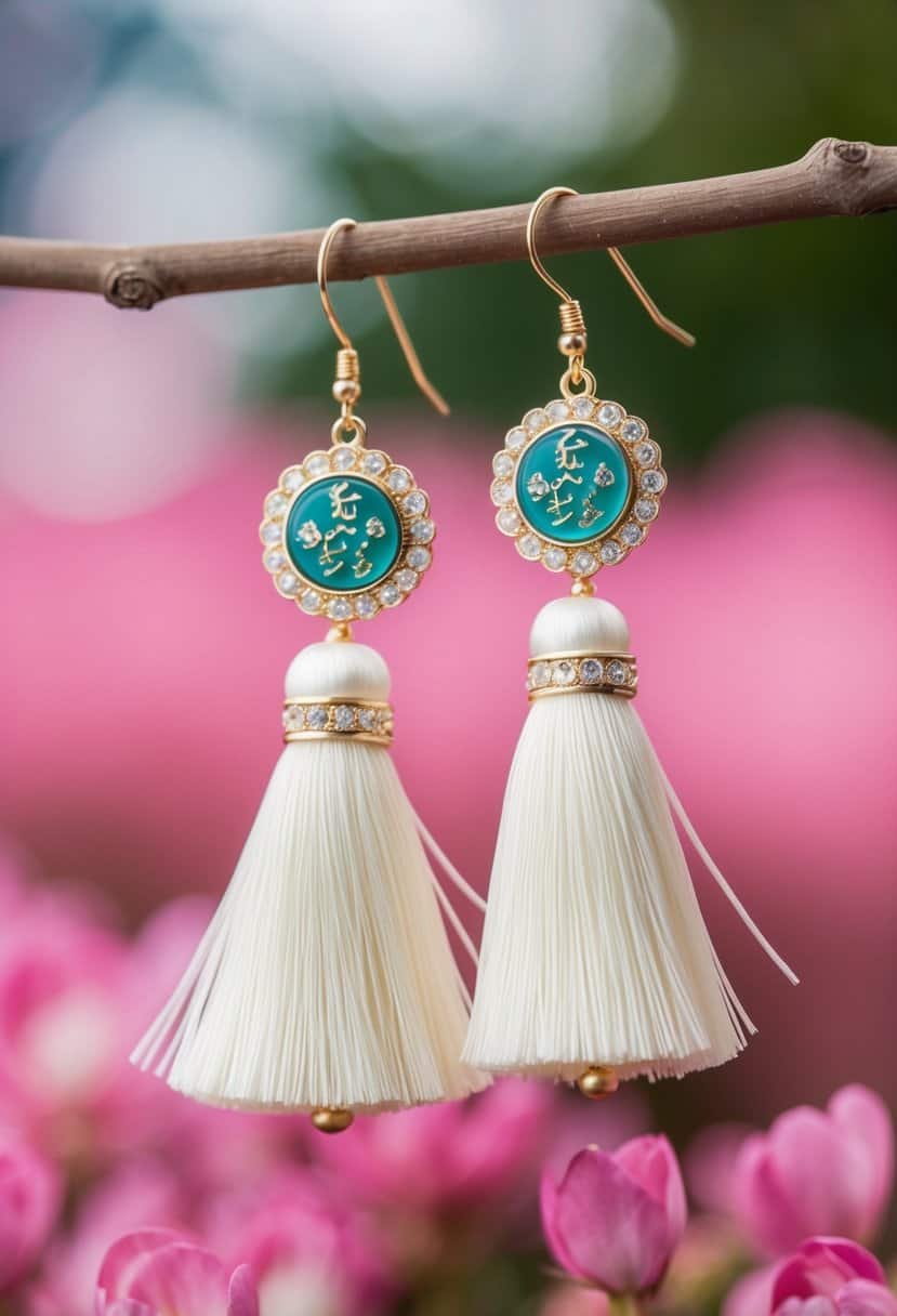 A pair of ivory tassel drop earrings with Korean wedding motifs