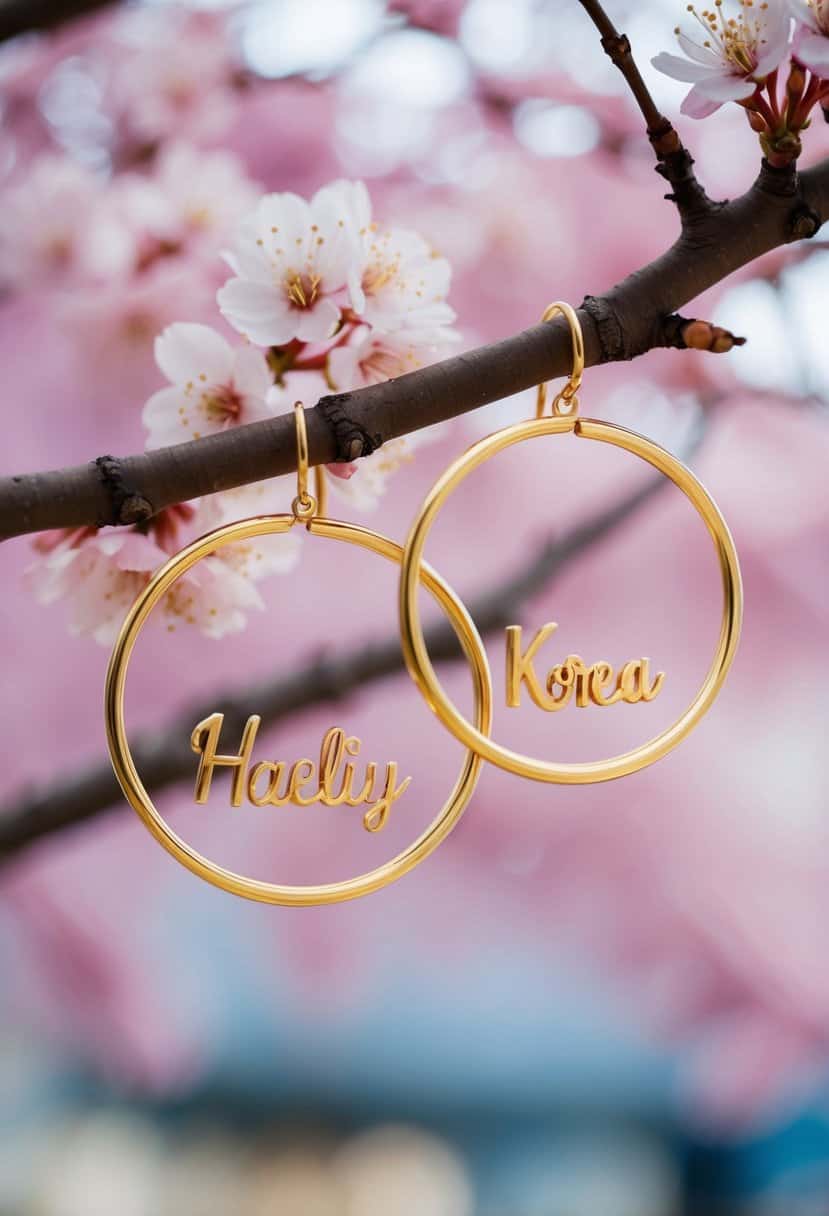 Two delicate gold hoops with personalized names in Korean script, suspended from a branch with cherry blossoms in the background