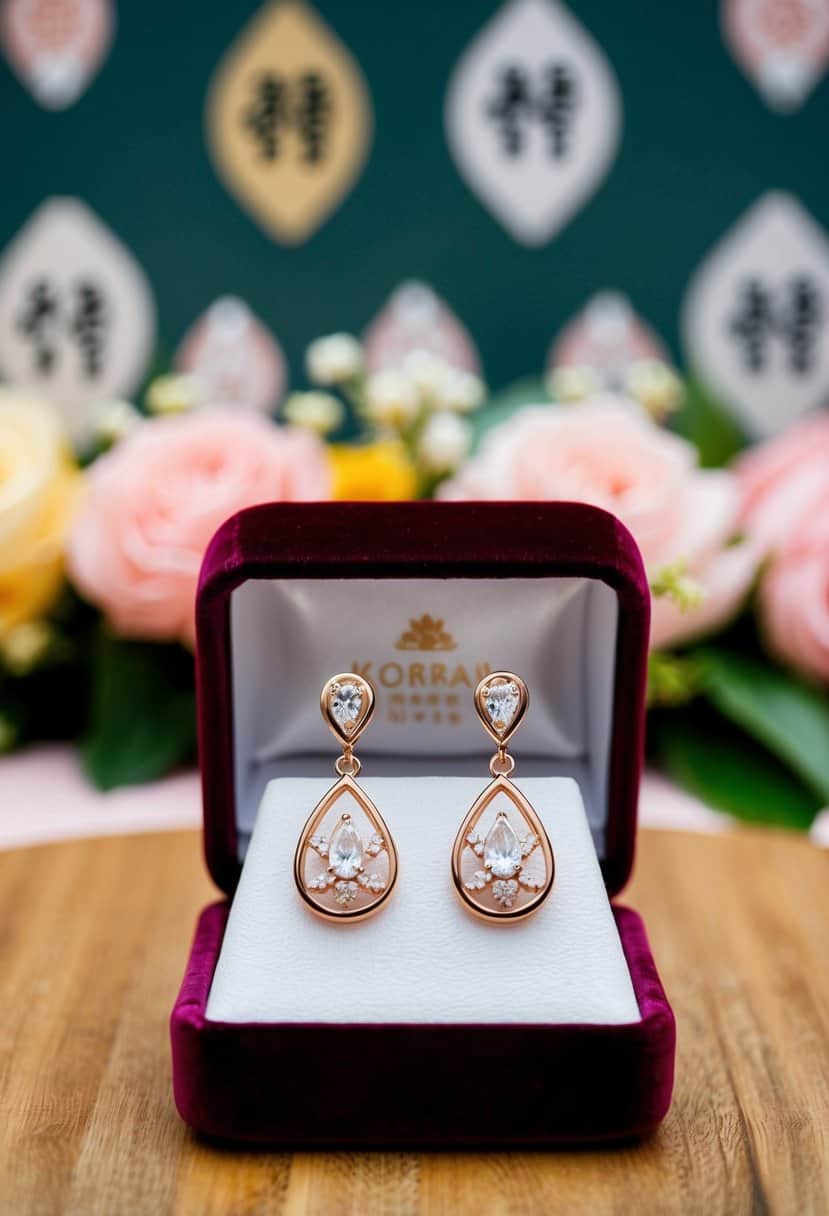 Rose Gold Teardrop earrings displayed on a velvet cushion with Korean wedding motifs in the background