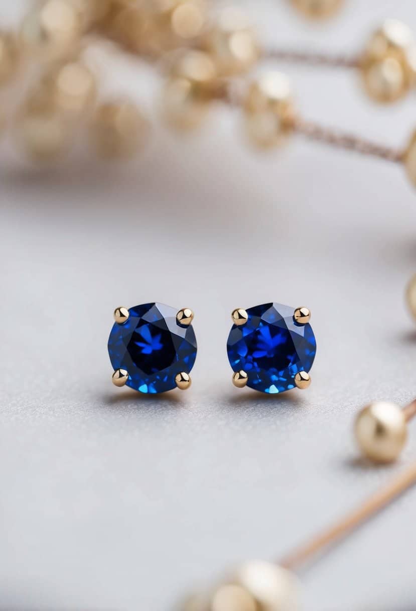 Two blue sapphire studs arranged on a delicate Korean wedding earring design