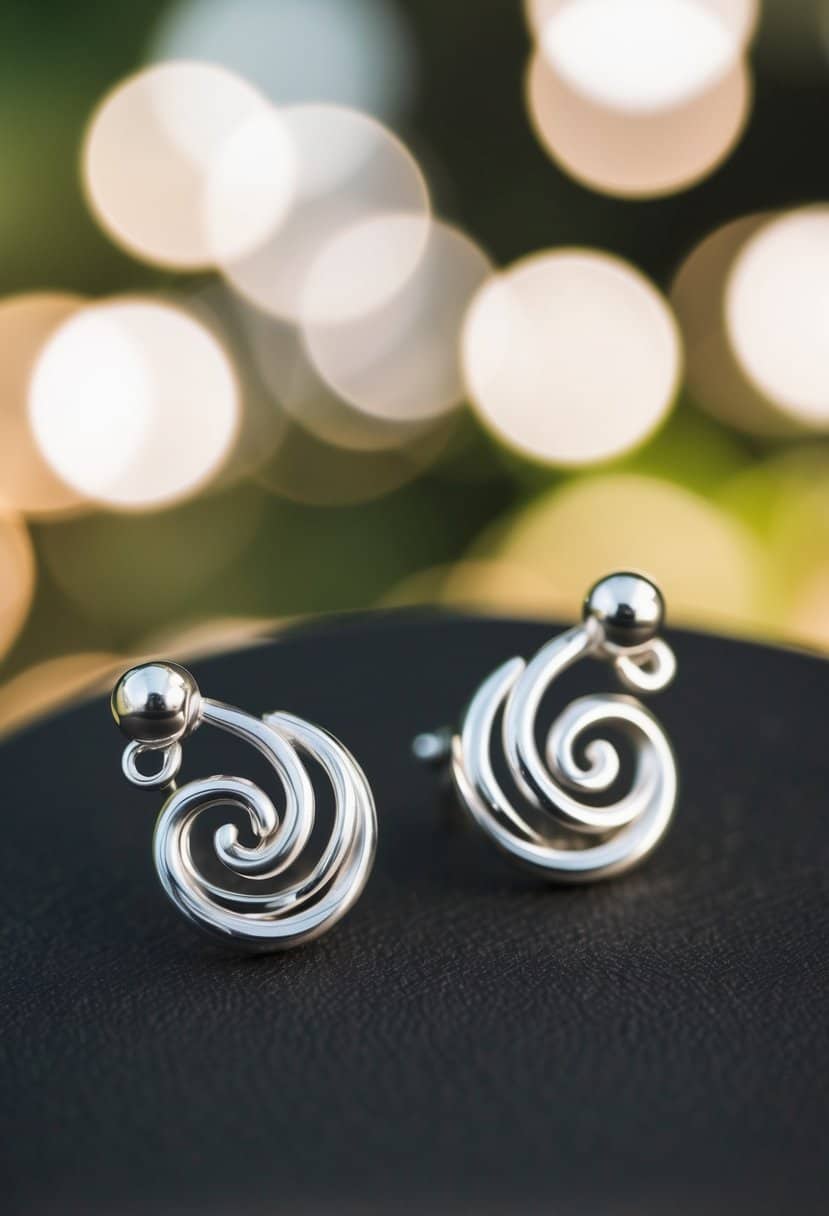 A pair of Korean wedding earrings featuring silver cherry swirls, with delicate and intricate designs