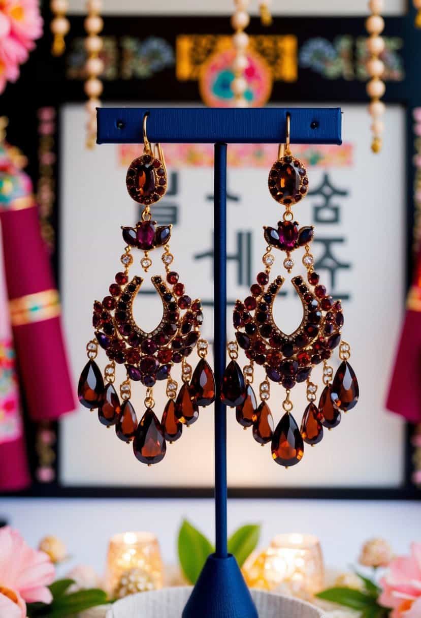 A pair of garnet chandelier earrings hanging from a display, surrounded by Korean wedding decor and traditional motifs