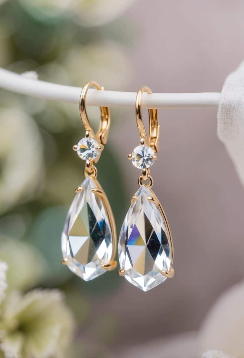 A close-up of a pair of vintage crystal drop earrings from the 70s, with intricate details and sparkling facets, set against a soft, romantic background