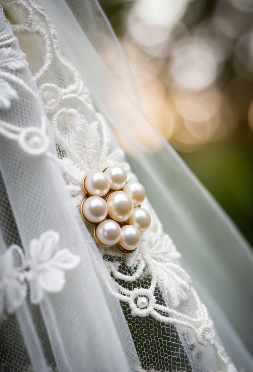 A close-up of pearl cluster studs on a vintage lace bridal veil