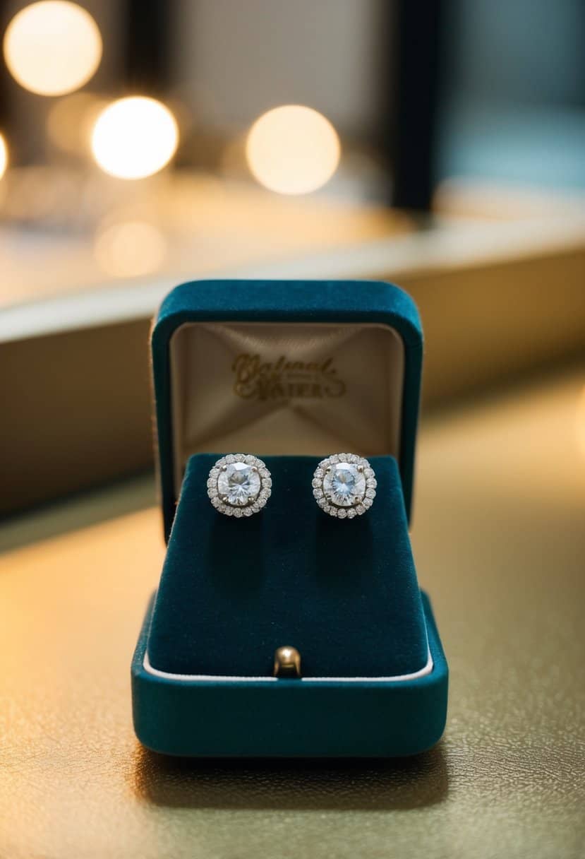 A pair of diamond halo earrings from the 1970s, displayed on a velvet cushion under soft, warm lighting