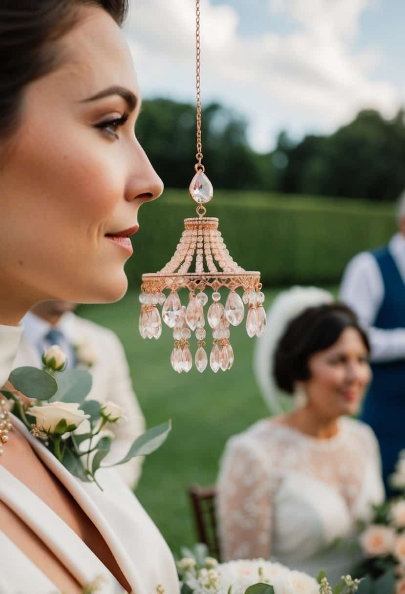 A vintage 70s wedding scene with a rose gold chandelier earring as the focal point