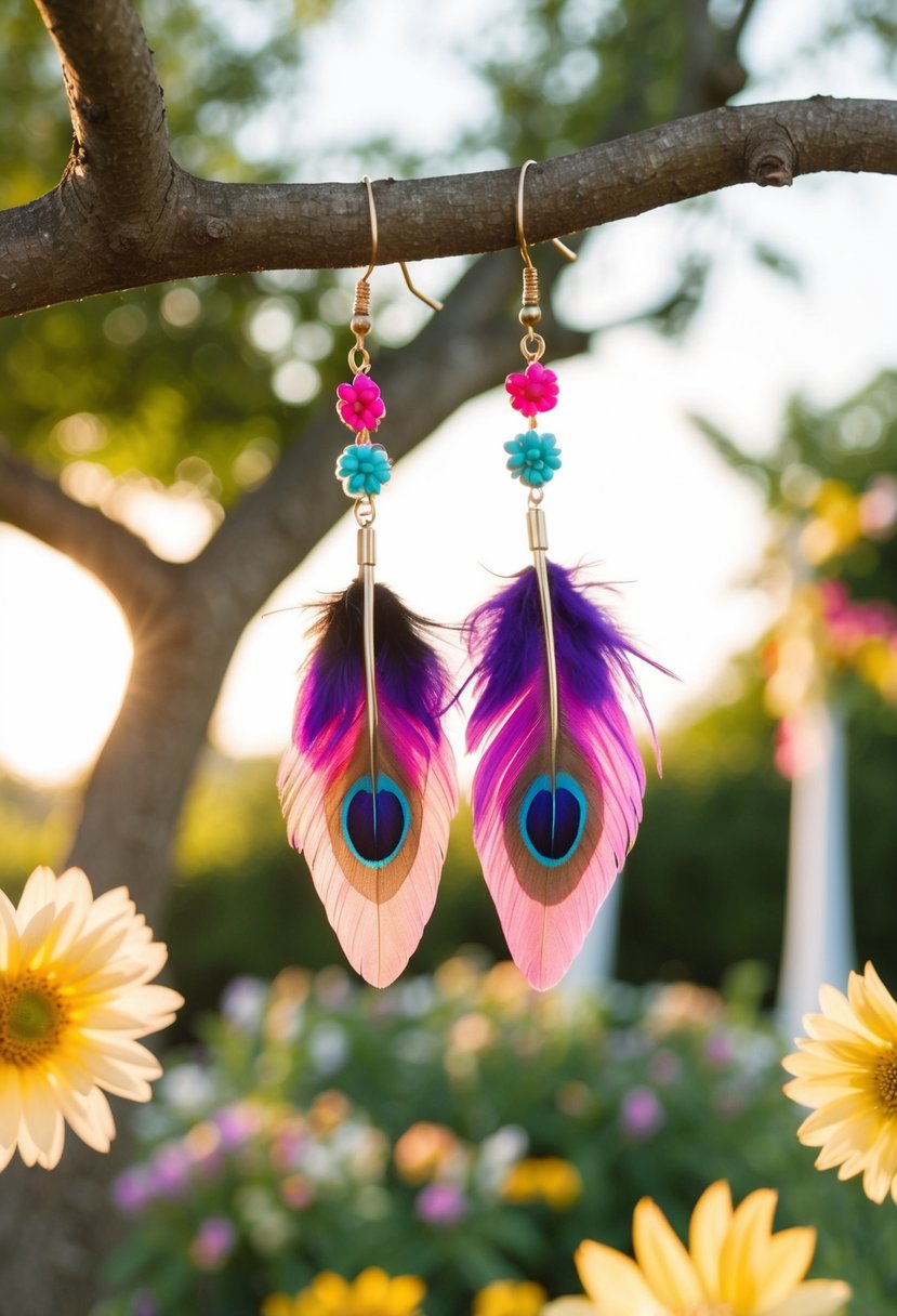 A whimsical, outdoor wedding setting with colorful feather dangle earrings hanging from a tree branch. Sunshine and flowers add to the 70s bohemian vibe