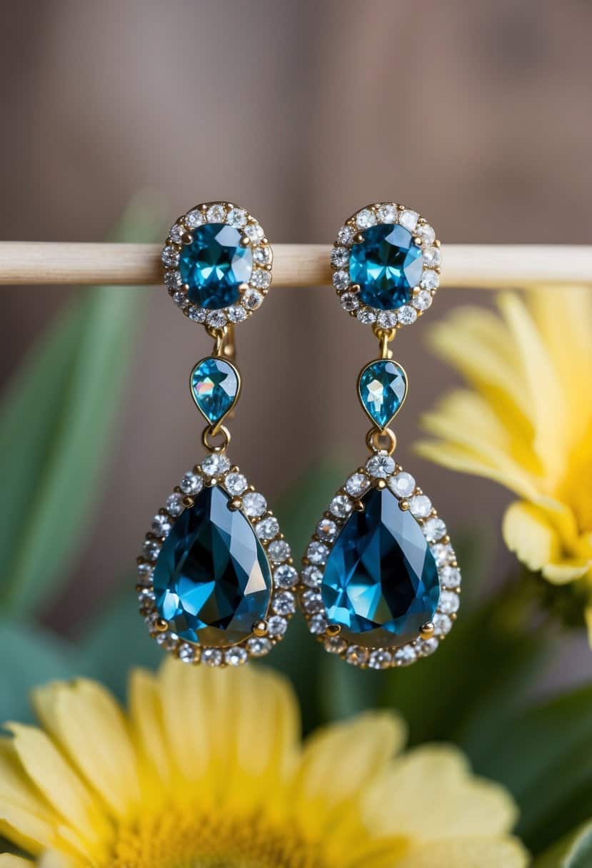 A vintage-inspired earring design featuring Swarovski tear drops, with a 70s wedding theme